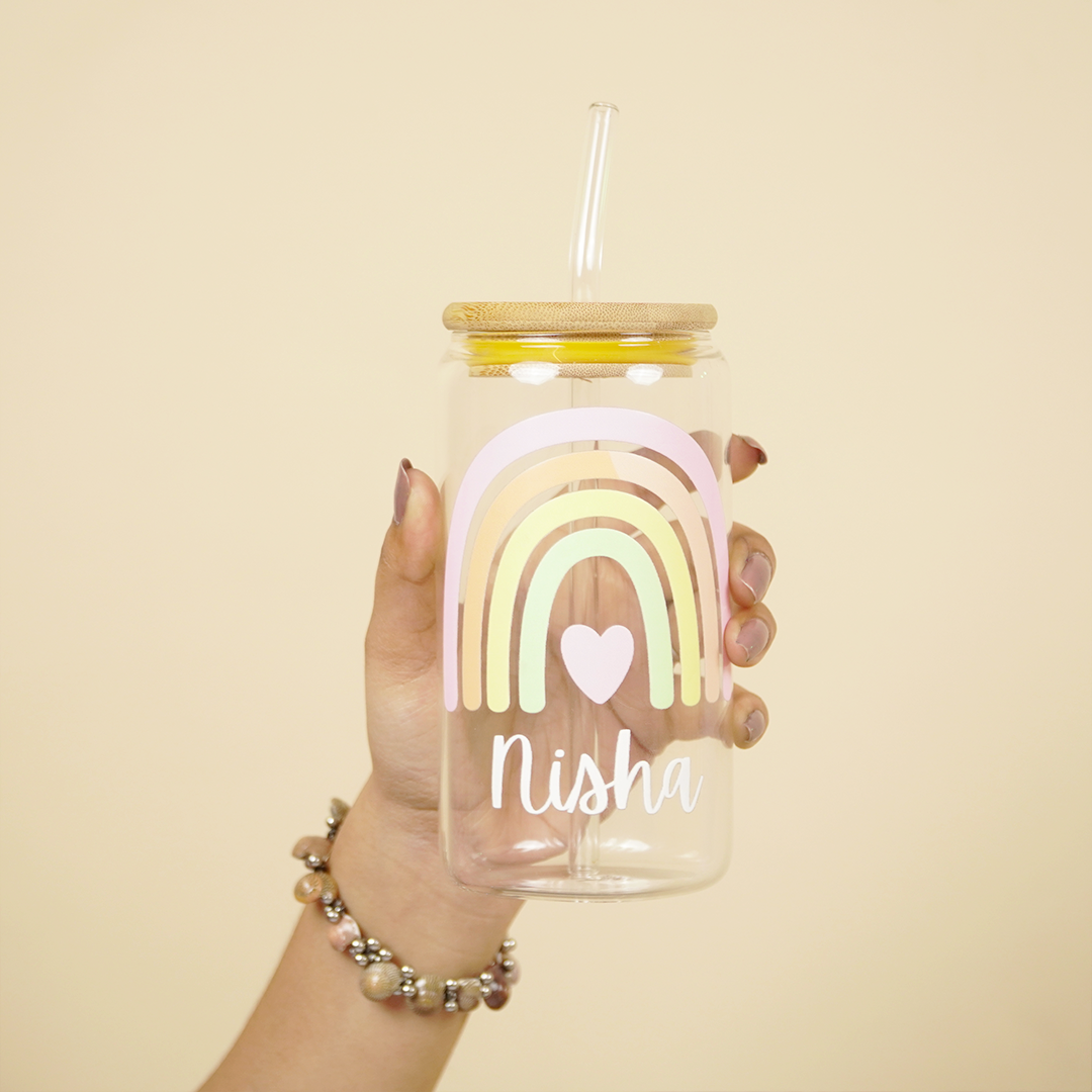 Personalized Rainbow Glass Tumbler with Straw | Cute Aesthetic Name Jar