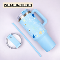 Aqua merin Ocean Theme Insulated Tumbler with Handle, Decorative Sea Life Design Travel Cup with Straw Lid
