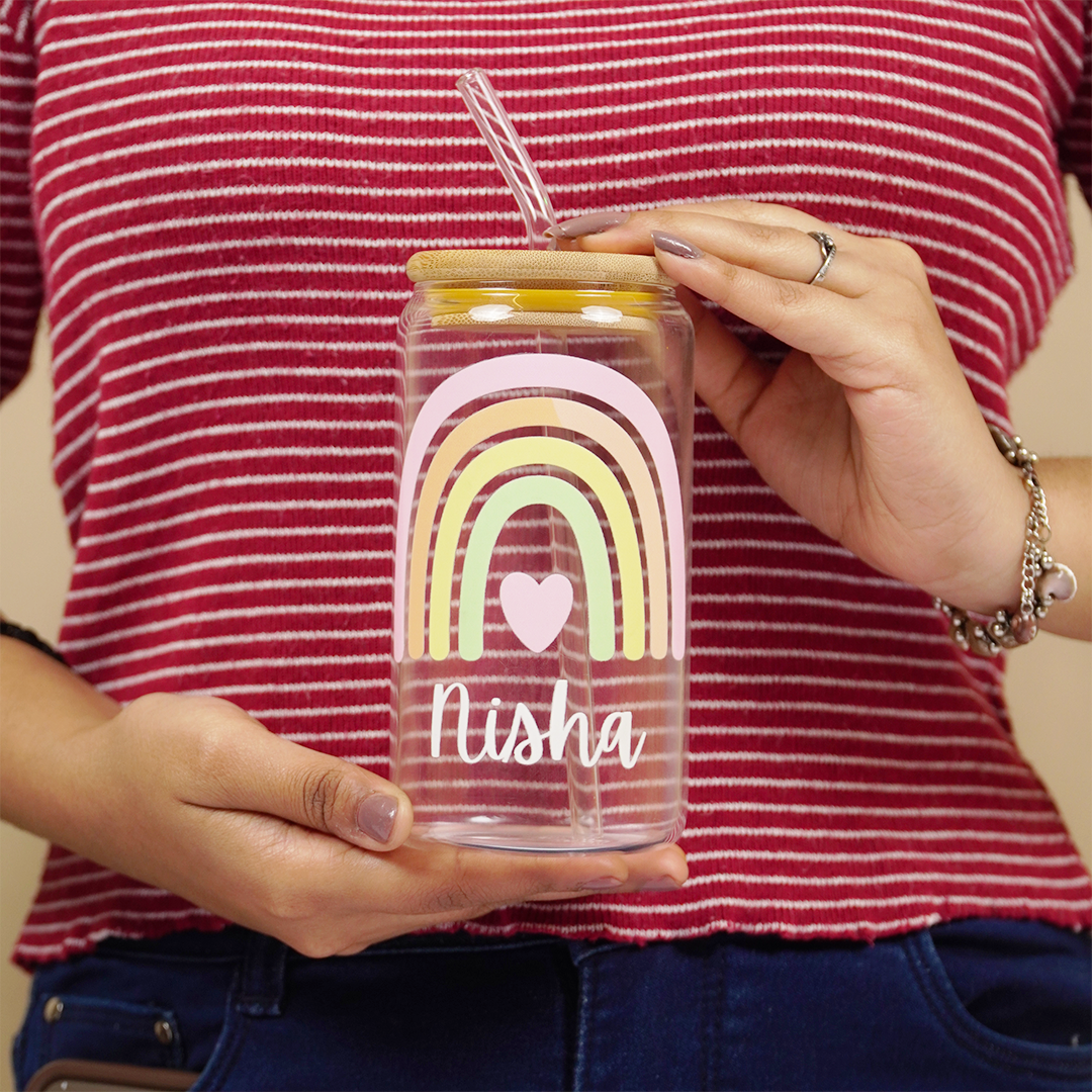 Personalized Rainbow Glass Tumbler with Straw | Cute Aesthetic Name Jar