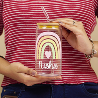 Personalized Rainbow Glass Tumbler with Straw | Cute Aesthetic Name Jar