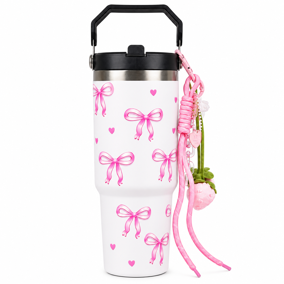 Bow Print Tumbler with Handle & Charm | Reusable Travel Cup | Cute Everyday Drinkware