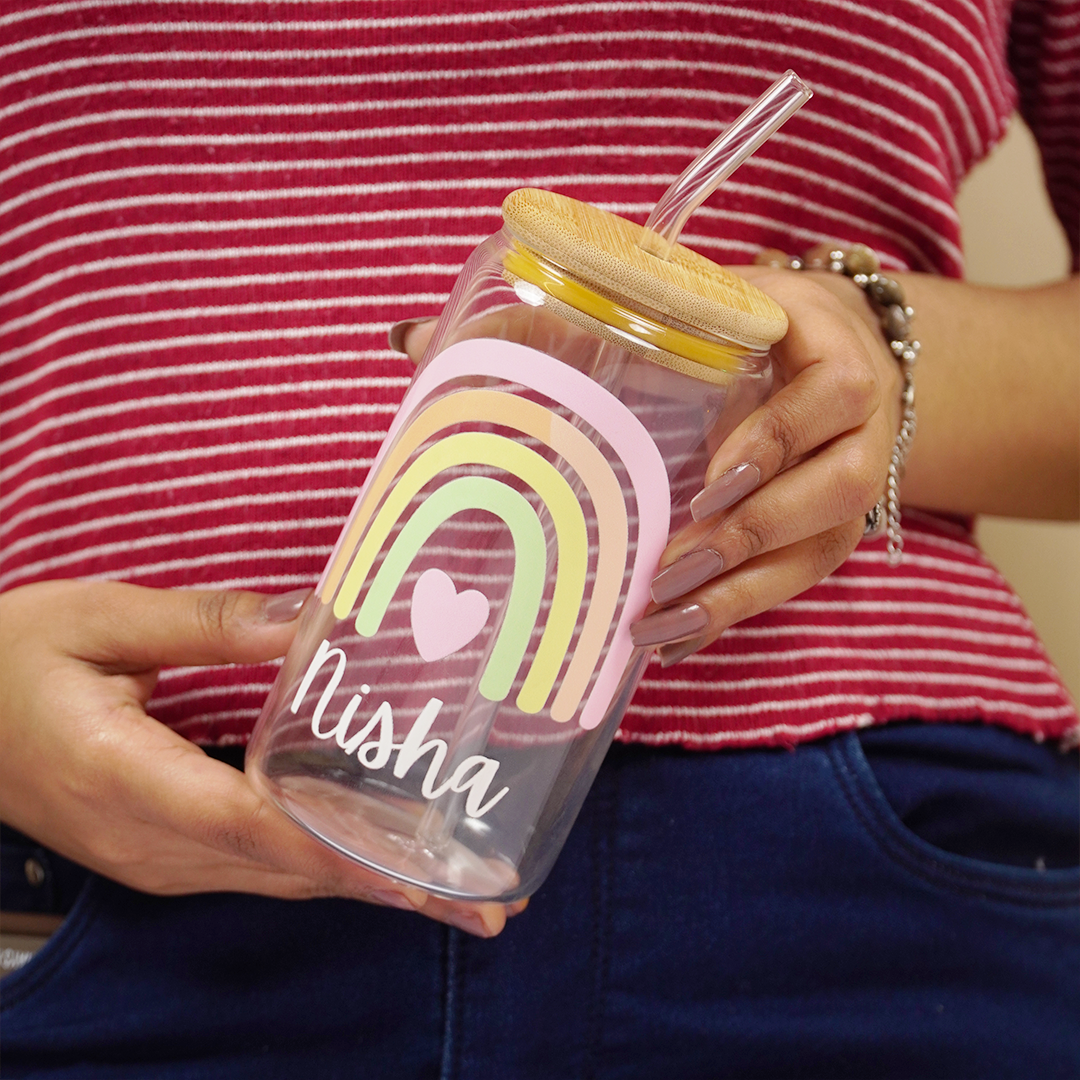 Personalized Rainbow Glass Tumbler with Straw | Cute Aesthetic Name Jar
