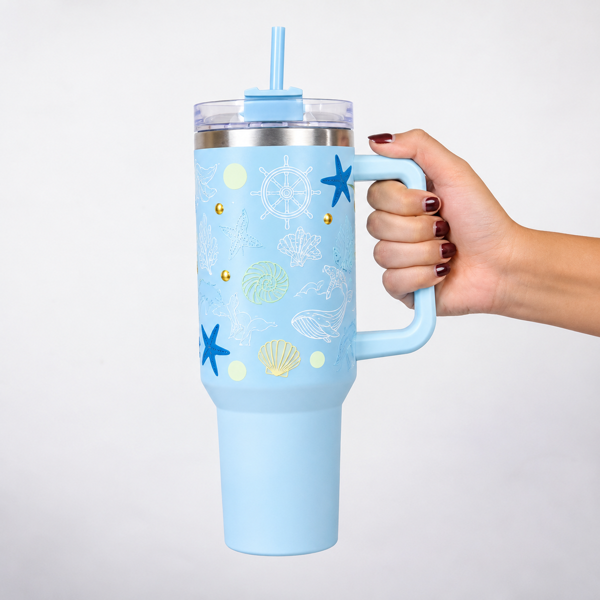 Aqua merin Ocean Theme Insulated Tumbler with Handle, Decorative Sea Life Design Travel Cup with Straw Lid
