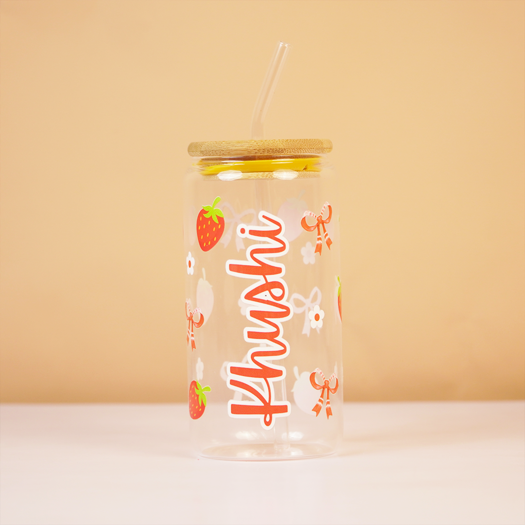 Personalized Strawberry Glass Tumbler with Bamboo Lid & Straw