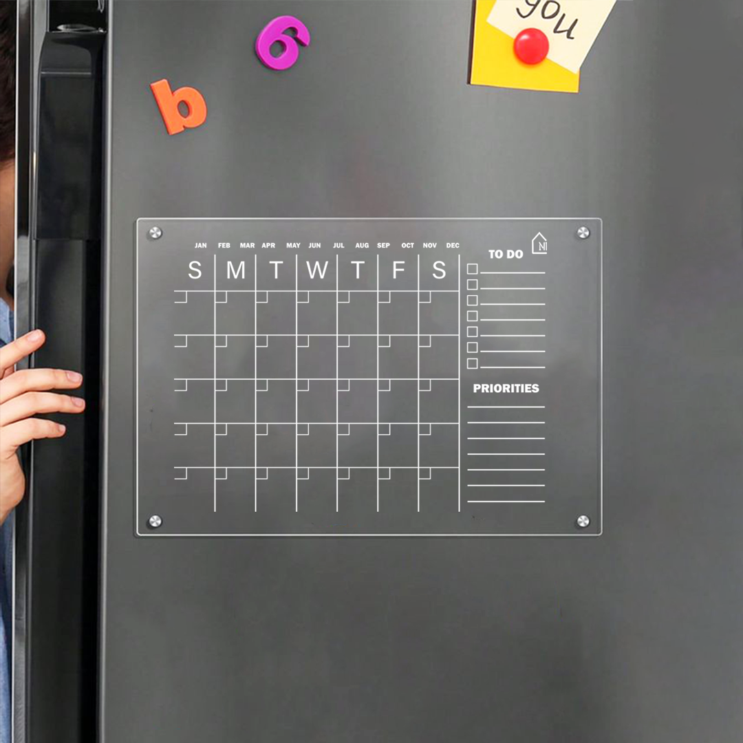 Monthly Acrylic Reusable Fridge Planner with To-Do and Priorities Blocks | Pens and Reg