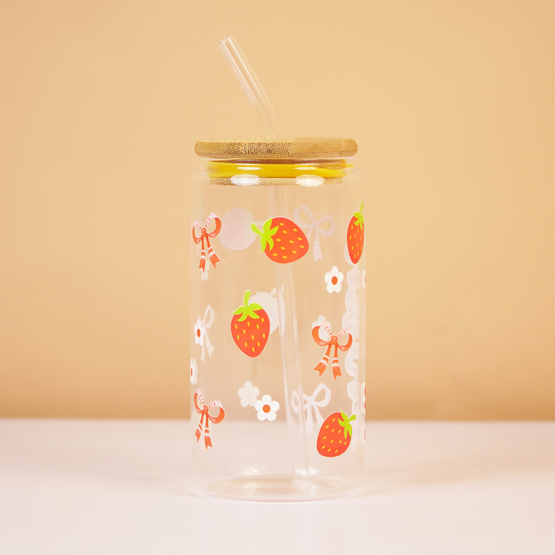 Personalized Strawberry Glass Tumbler with Bamboo Lid & Straw