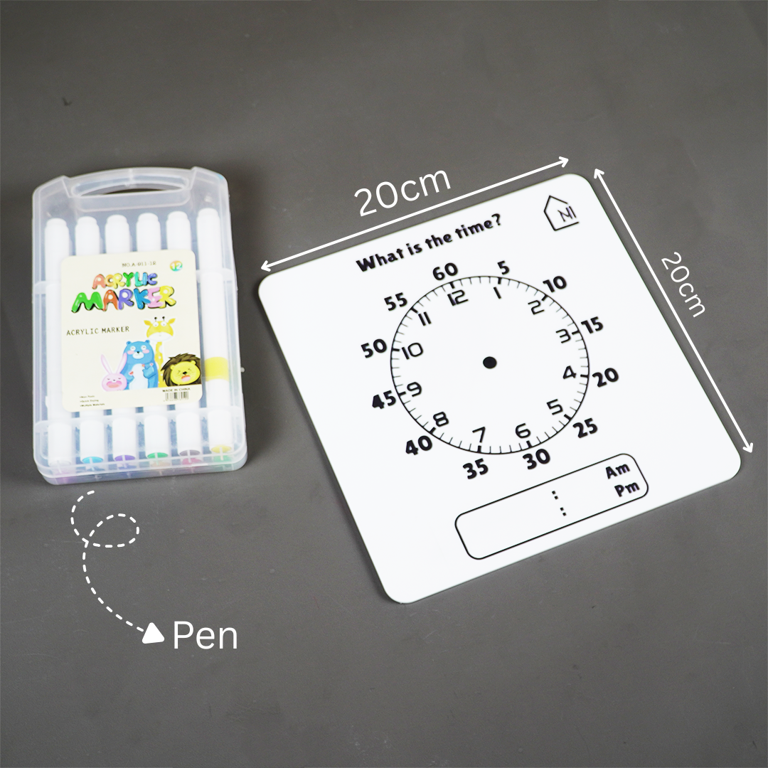Reusable Kids Time Learning Board with Pen Box & Cleaning Cloth