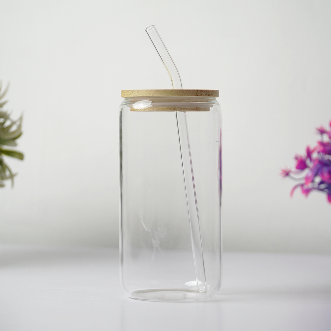 Clear Glass Tumbler with Bamboo Lid & Reusable Glass Straw