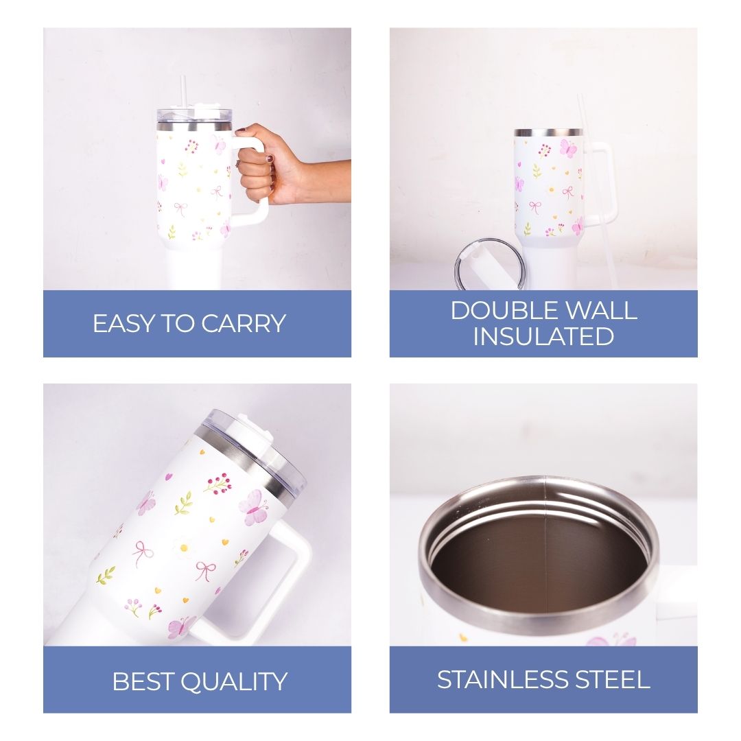 White Floral Butterfly Tumbler with Straw & Handle – Cute Aesthetic Travel Tumbler