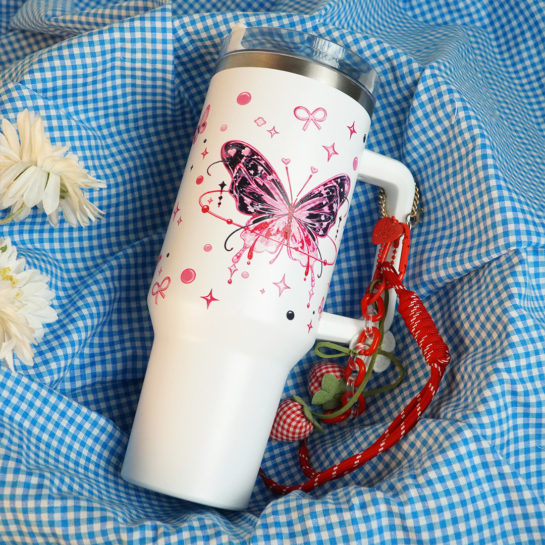 Butterfly Print Tumbler with Handle & Charm | Reusable Travel Cup | Cute Everyday Drinkware