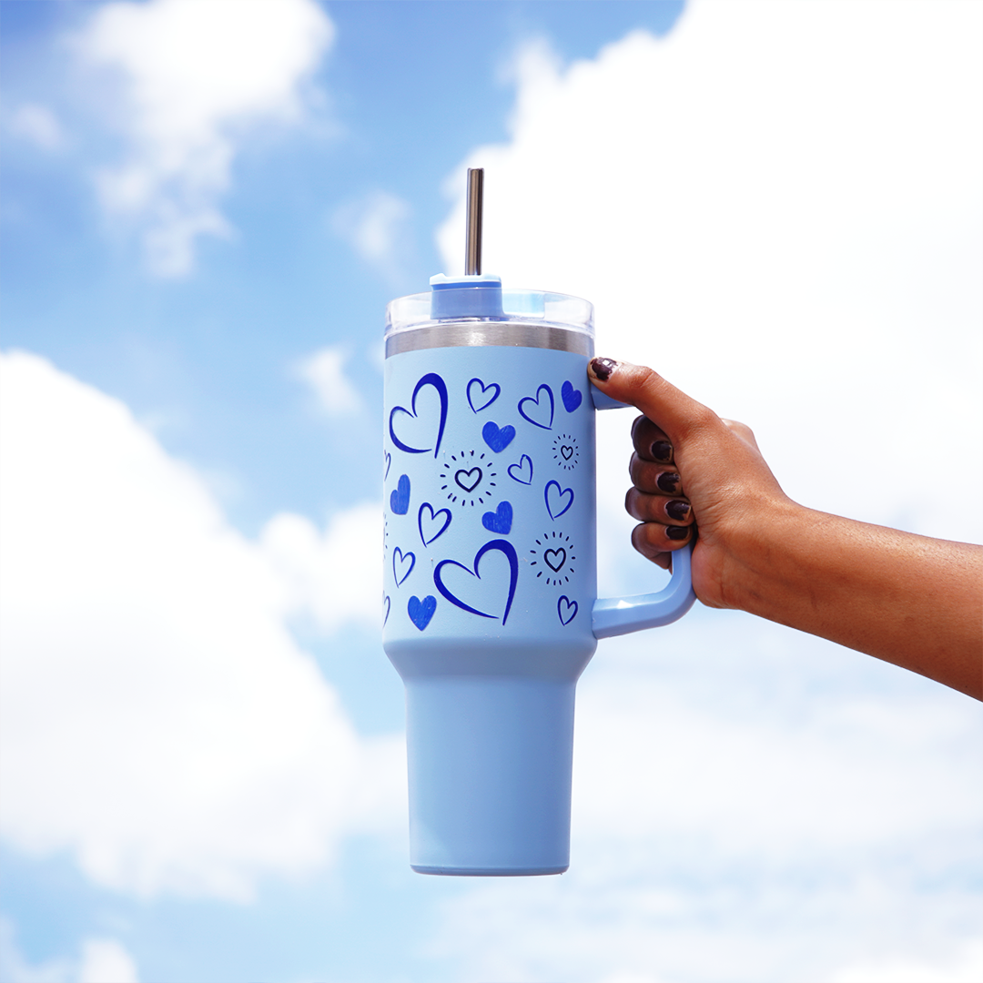 Heart Print Tumbler with Handle & Straw | Reusable Travel Water Cup | Stylish Drinkware