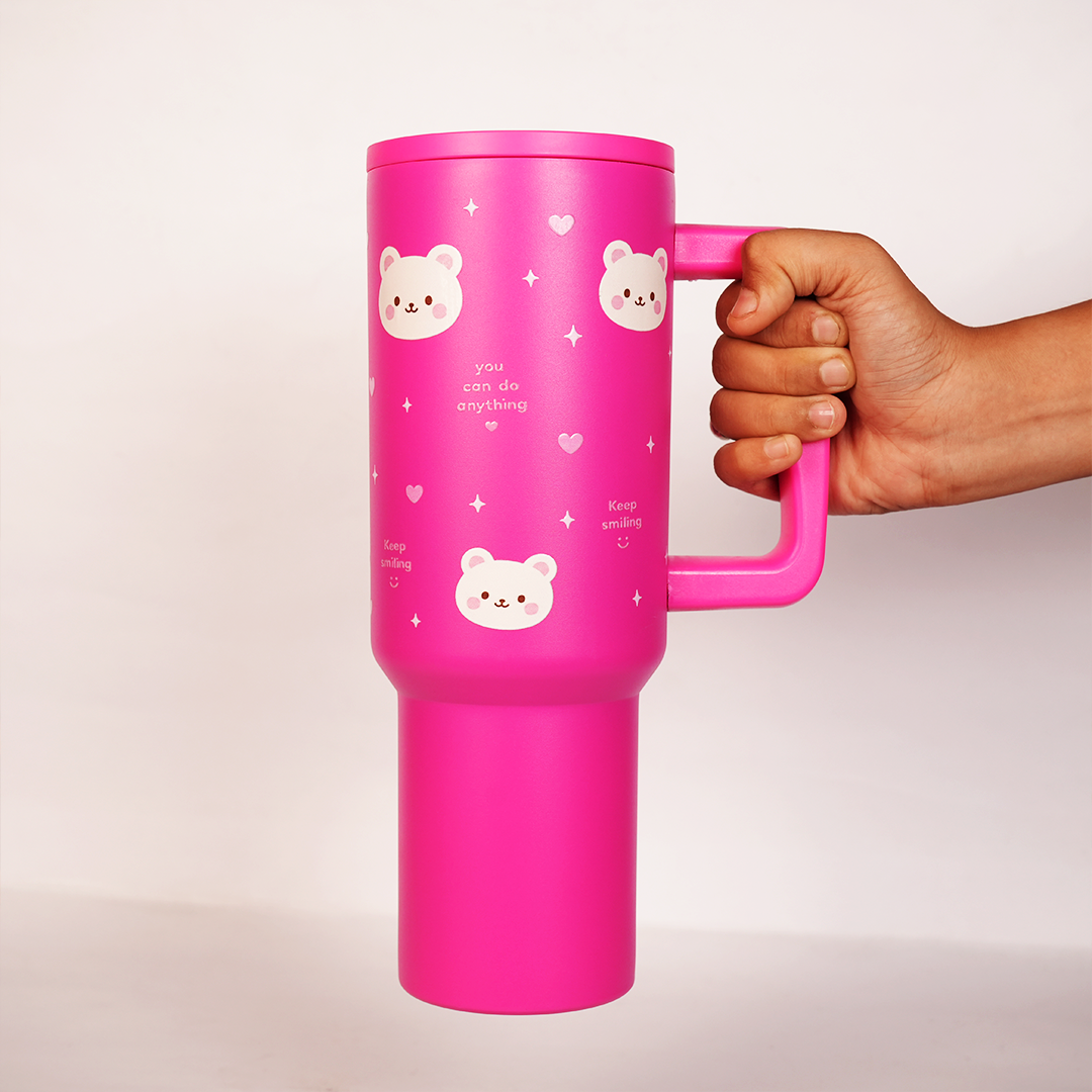 Hot Pink Happy Bear Insulated Tumbler with Handle
