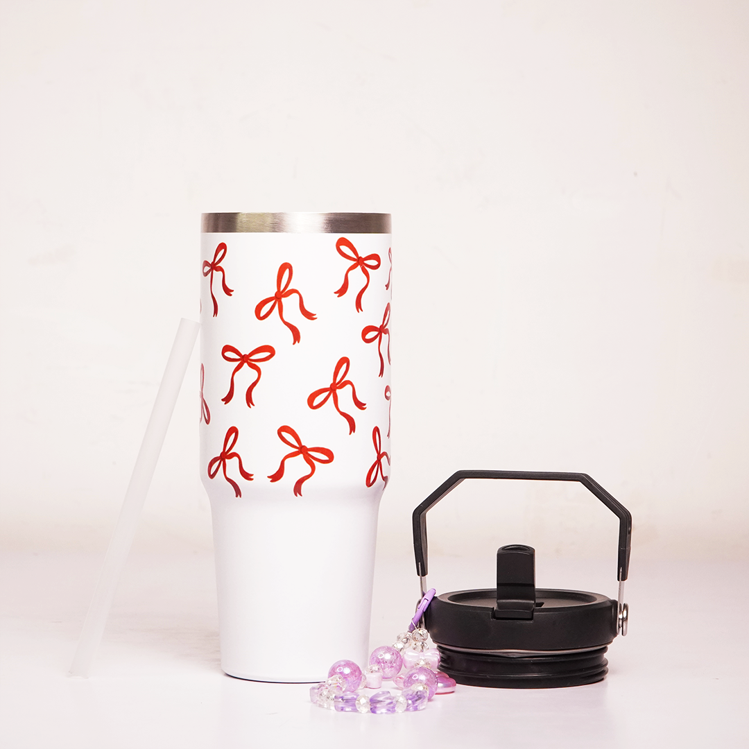 Bow Print Tumbler with Handle & Decorative Bead Charm | Reusable Travel Cup with Lid & Straw