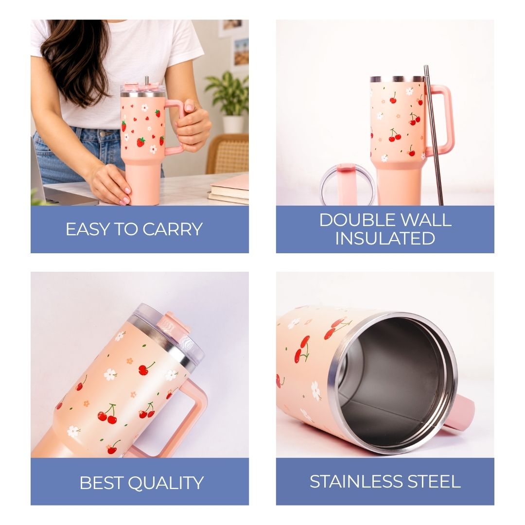 Peach Strawberry Heart Tumbler with Straw & Handle – Cute Floral Travel Tumbler