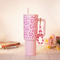 Soft Pink  Heart Leopard Print Travel Tumbler with Handle & Straw