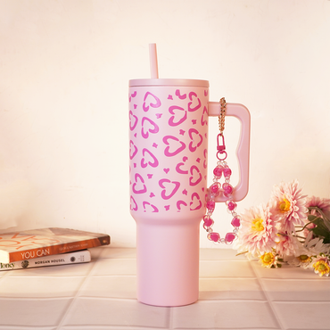 Soft Pink  Heart Leopard Print Travel Tumbler with Handle & Straw