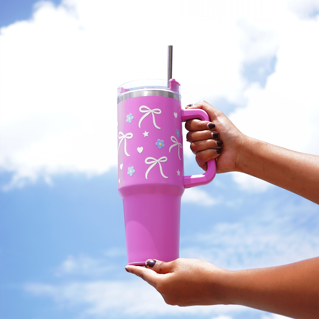Bow & Floral Print Tumbler with Handle & Straw | Reusable Travel Water Cup | Stylish Drinkware