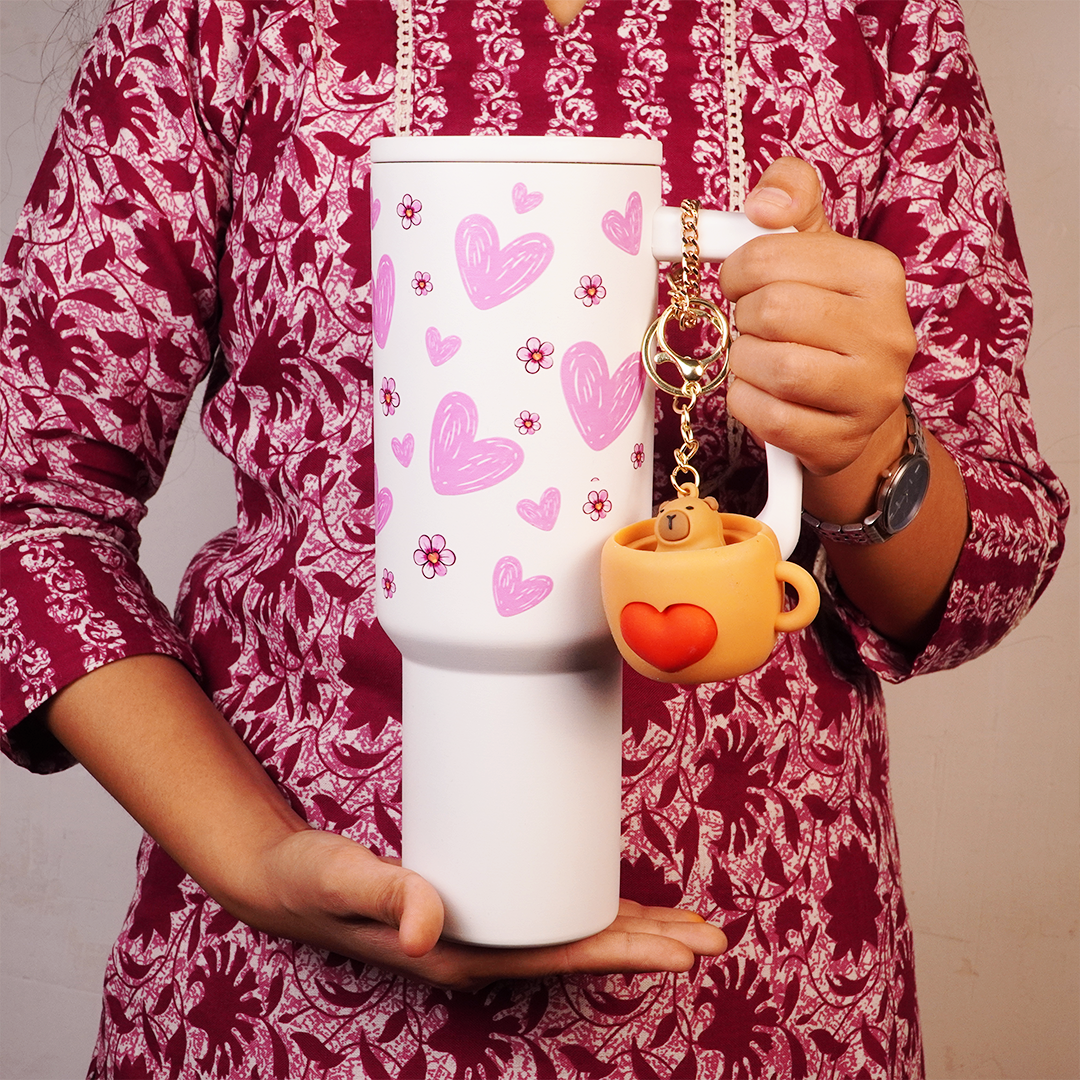 Pink Floral Heart Print White  Travel Tumbler with Handle & Straw