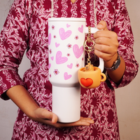 Pink Floral Heart Print White  Travel Tumbler with Handle & Straw