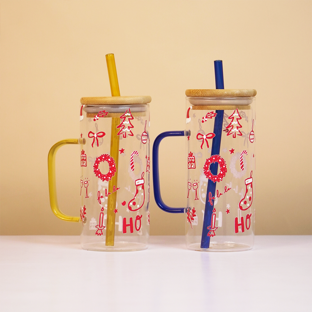 Christmas Glass Tumbler with Handle & Bamboo Lid – Set of 2 | Festive Holiday Design with Straw
