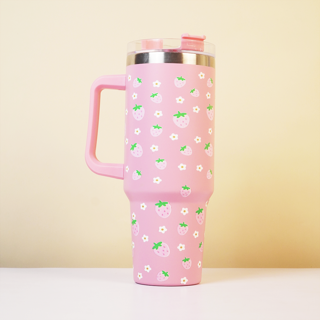 Cute Strawberry Stainless Steel Tumbler with Straw & Handle