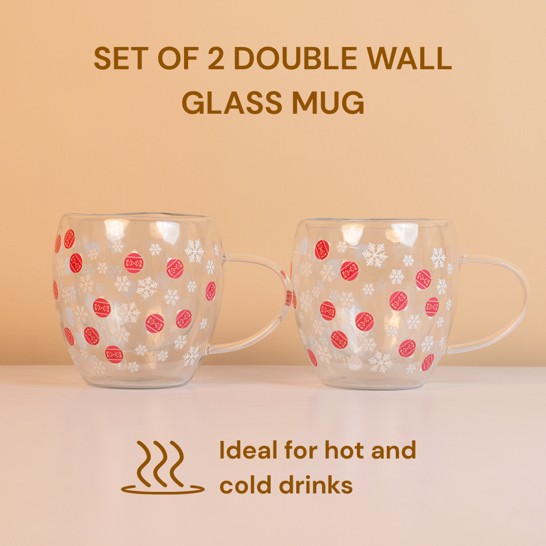 Set-2 Double Wall Glass Mug – Snowflake & Ornament Design