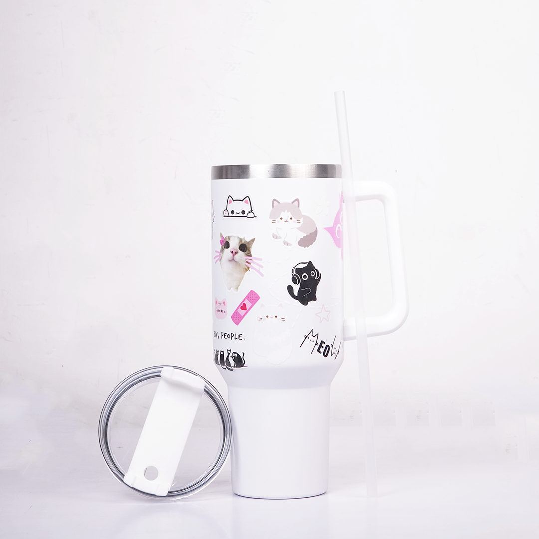 White Cat Print Tumbler with Straw & Handle – Cute Aesthetic Travel Coffee Cup