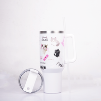 White Cat Print Tumbler with Straw & Handle – Cute Aesthetic Travel Coffee Cup