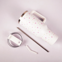 Delicate Pink Flower Tumbler with Handle & Straw