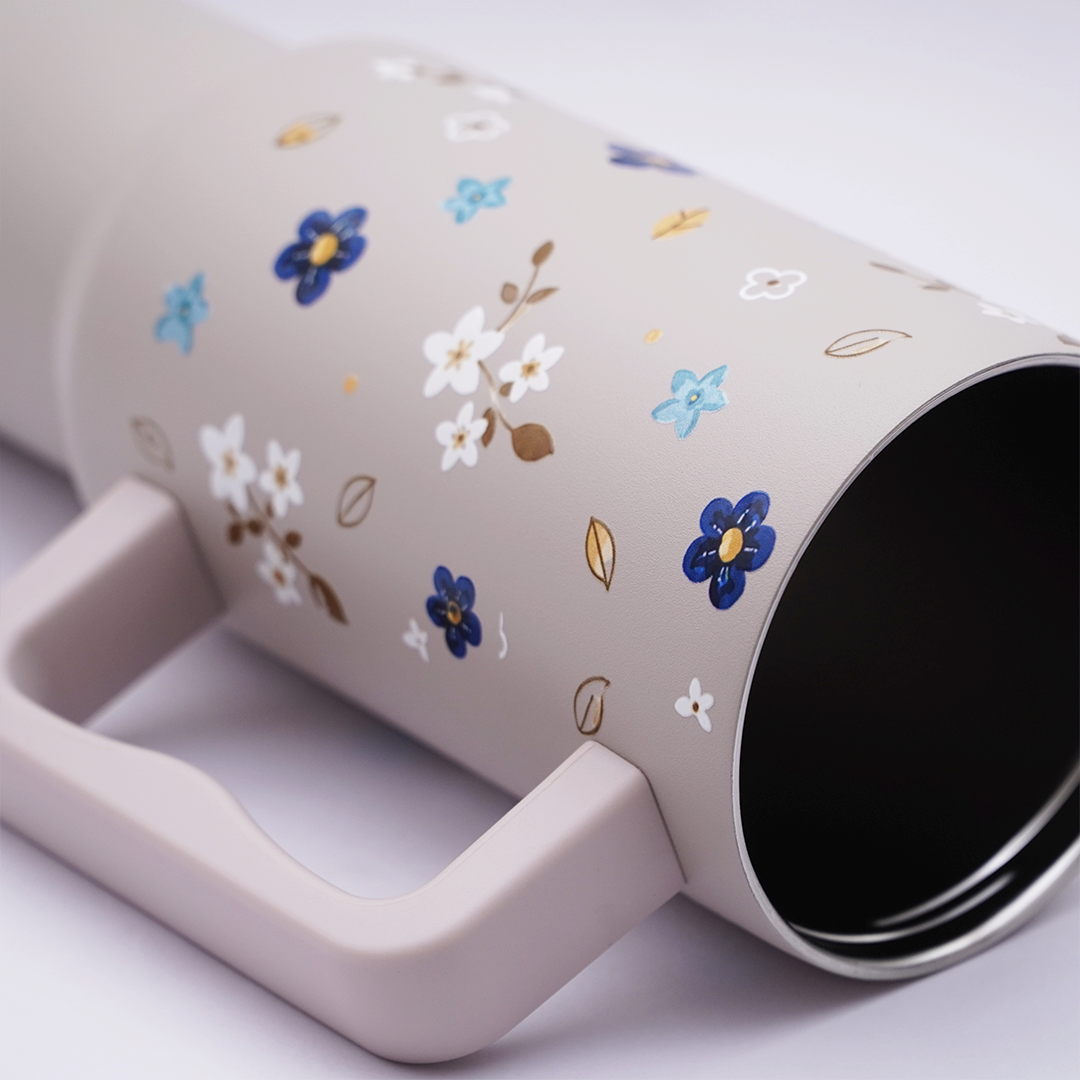 Blue Floral Stainless Steel Travel Tumbler with Handle | Double Wall Insulated & Leakproof