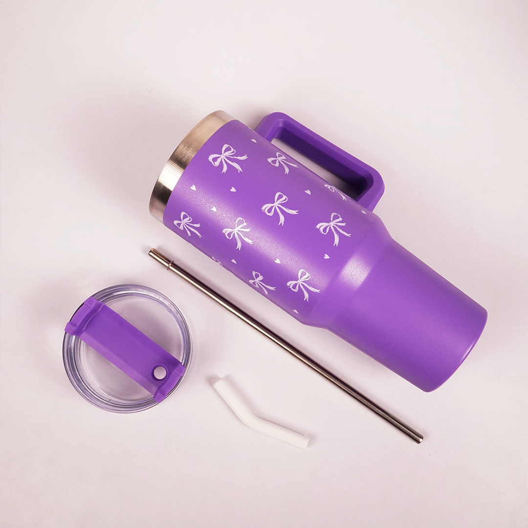 Purple Bow Print Tumbler – Insulated Travel Tumbler with Handle & Straw