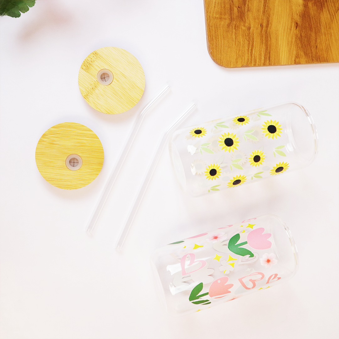 Set-2 Floral Glass Tumbler with Bamboo Lid & Straw