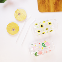 Set-2 Floral Glass Tumbler with Bamboo Lid & Straw