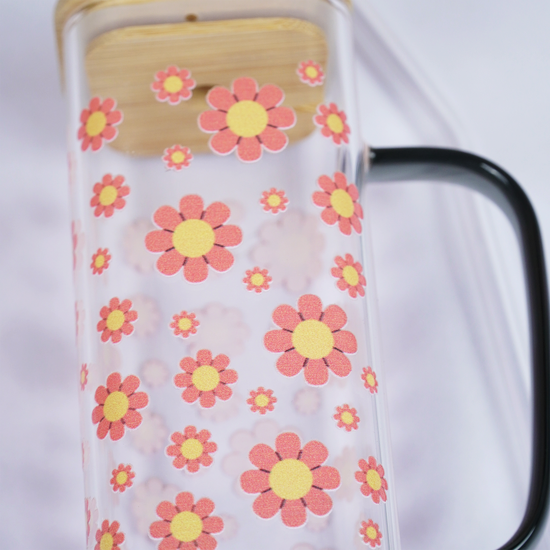 Set-2 Cherry & Floral Glass Cup with Bamboo Lid & Straw