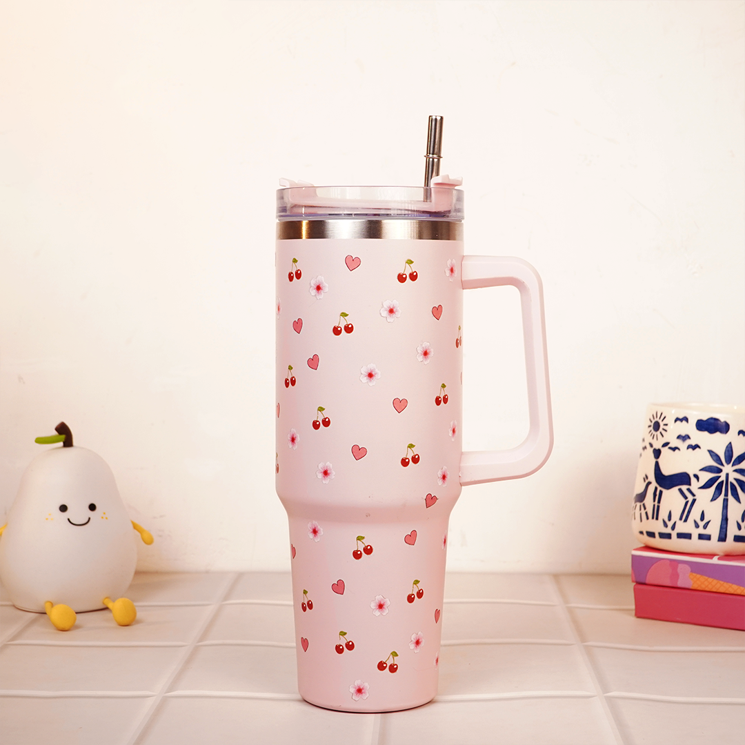Pink Cherry & Floral Print Tumbler – Insulated Travel Tumbler with Handle & Straw