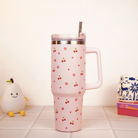 Pink Cherry & Floral Print Tumbler – Insulated Travel Tumbler with Handle & Straw