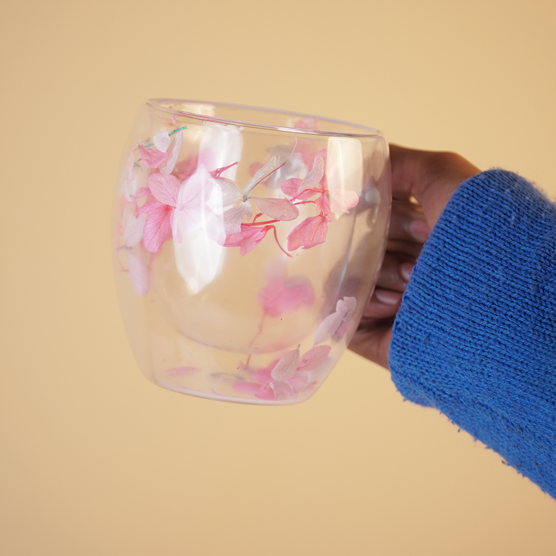 Blossom Glass Mug – Elegant Floral Double-Wall Tea & Coffee Cup