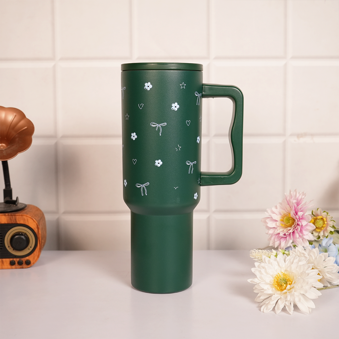 Deep Forest Green Floral & Bow Tumbler with Ergonomic Handle