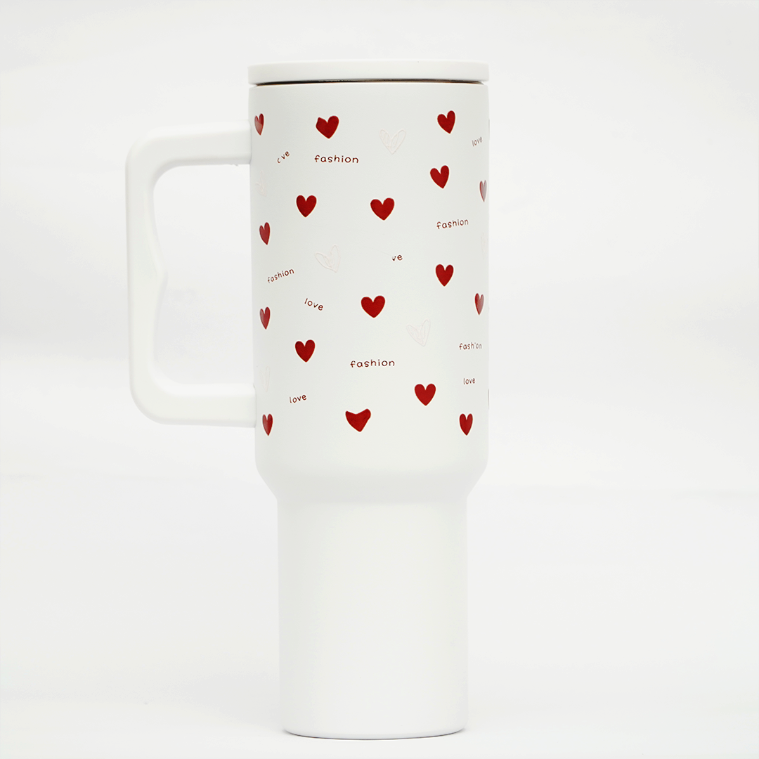 Love Heart Stainless Steel Travel Tumbler with Handle & Leakproof Lid | Double Wall Vacuum Insulated Coffee Mug