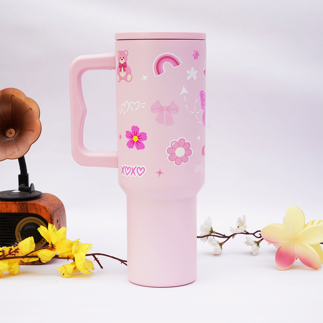 Pink Kawaii Stainless Steel Travel Tumbler with Handle & Leakproof Lid | Double Wall Vacuum Insulated Coffee Mug