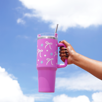 Bow & Floral Print Tumbler with Handle & Straw | Reusable Travel Water Cup | Stylish Drinkware