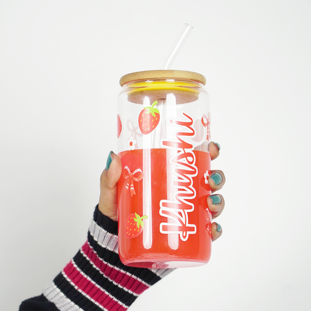 Personalized Strawberry Glass Tumbler with Bamboo Lid & Straw