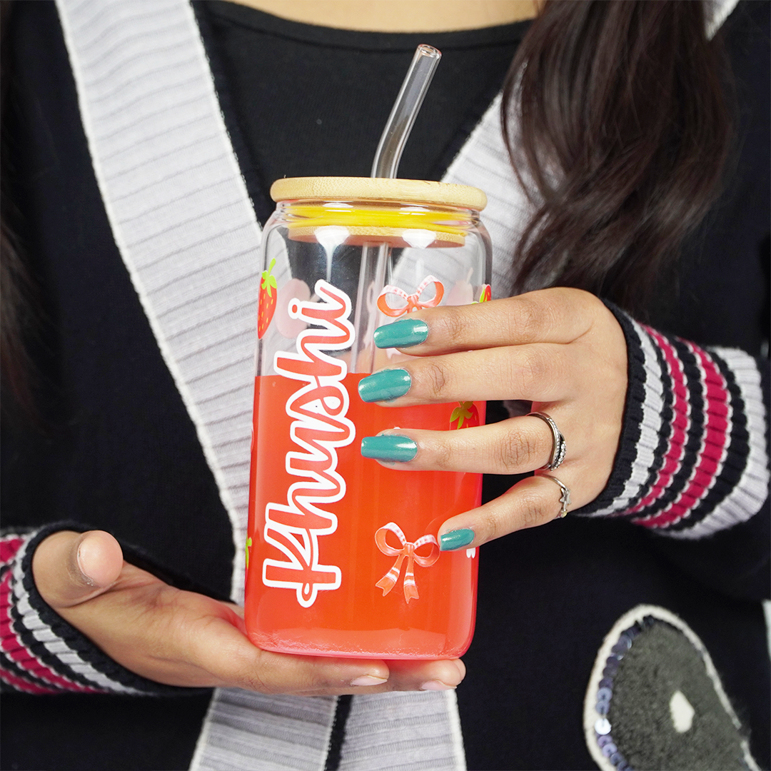 Personalized Strawberry Glass Tumbler with Bamboo Lid & Straw