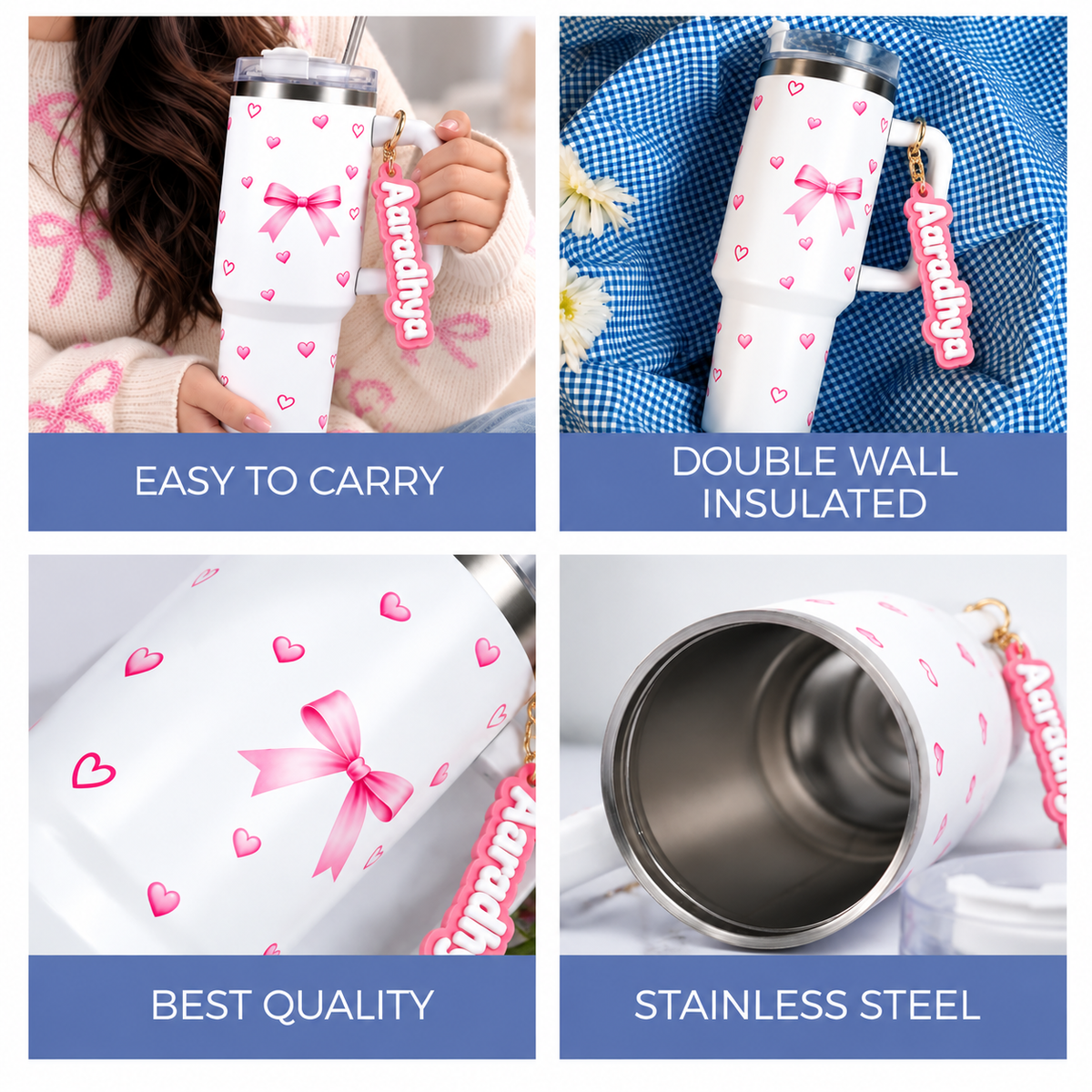 Bow & Heart Print Tumbler with Handle & Charm | Reusable Travel Cup | Cute Everyday Drinkware-WITH NAME KEYCHAIN