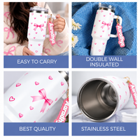 Bow & Heart Print Tumbler with Handle & Charm | Reusable Travel Cup | Cute Everyday Drinkware-WITH NAME KEYCHAIN