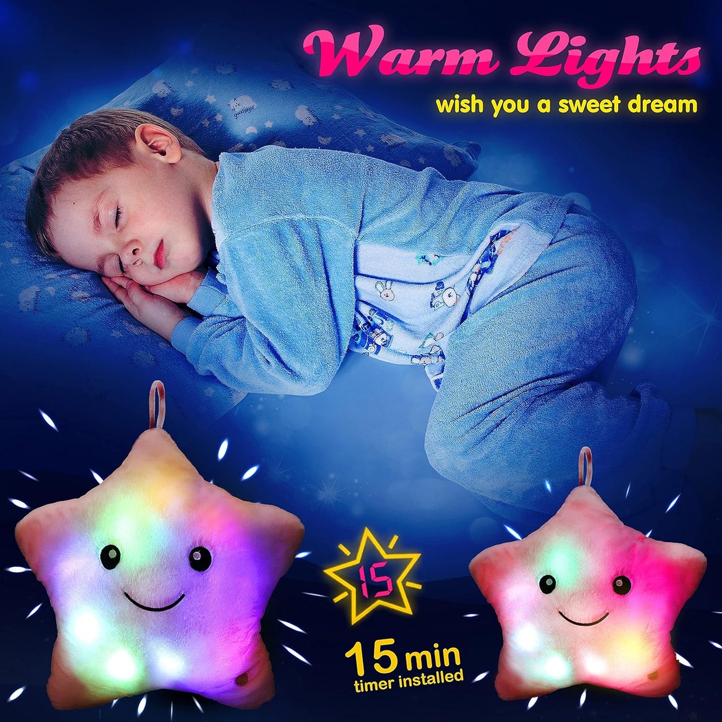 Twinkle Star Glowing LED Night Light Plush Pillows Stuffed Toys (Available in Blue, Pink, Purple, Yellow, White)