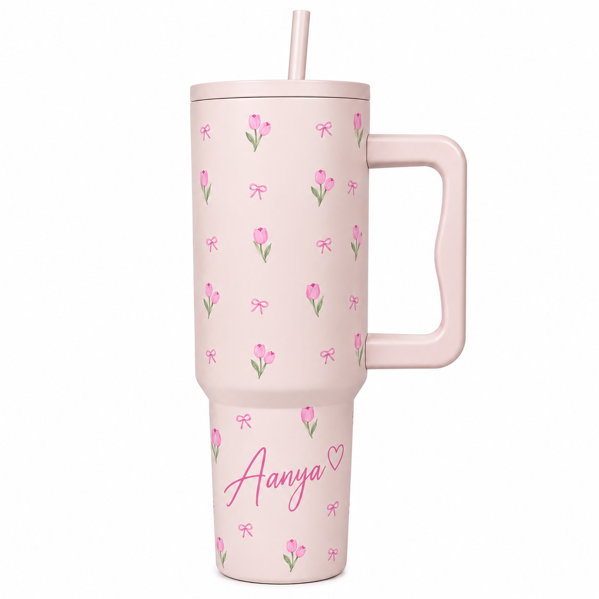 Personalized  Pink Tulip Bow Tumbler with Straw & Hand