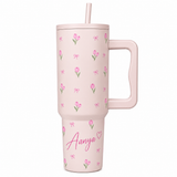 Personalized  Pink Tulip Bow Tumbler with Straw & Hand