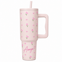 Personalized  Pink Tulip Bow Tumbler with Straw & Hand