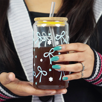 Cute Bow Print Glass Tumbler with Bamboo Lid & Straw